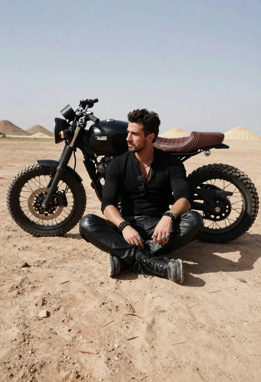 Cinematic Outdoor Portrait Rugged Man Sitting Cross-legged Beside His Custom