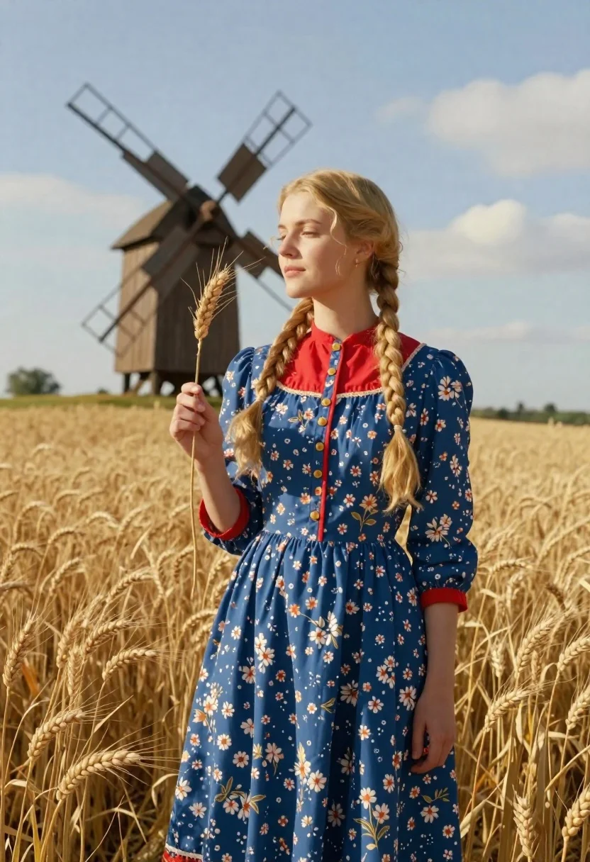 Portrait Woman Standing Golden Wheat Field Holding Ear Against Rustic reference photo