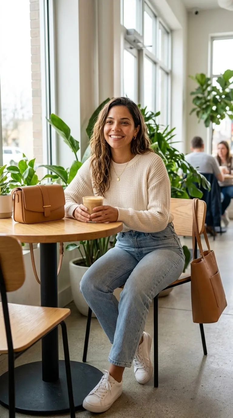 Smiling At Cafe Table With Latte And Bags
