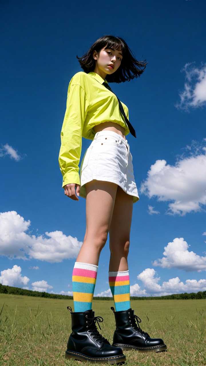 Neon Yellow Outfit Grassy Field Low Angle Shot