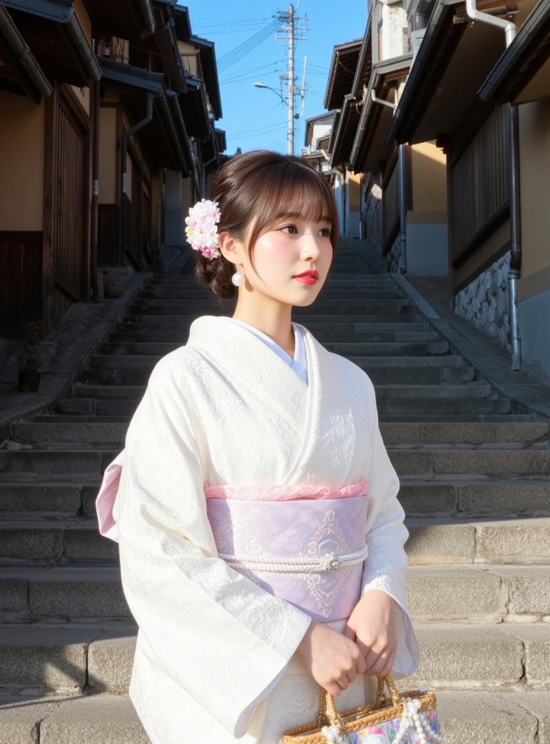 Woman On Stone Stairs Kimono Serene Gaze