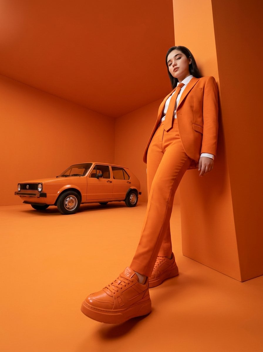 Orange Suit Leaning Against Orange Wall With Car