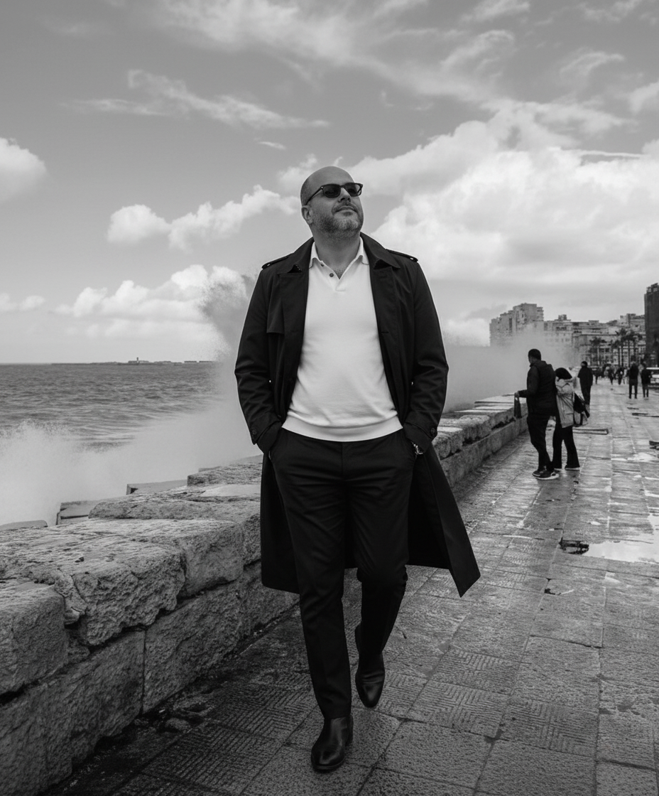 A man confidently walking on a riverside promenade in London, wearing a long dark coat, crisp white polo, and dark sunglasses, amidst autumn leaves.