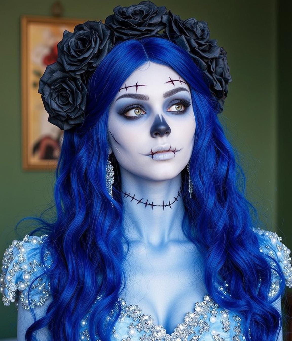 Halloween Makeup Blue Skin Skull Long Wavy