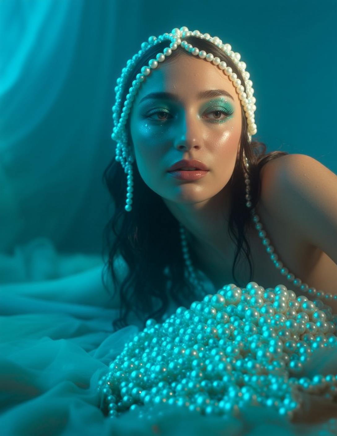 Ethereal Young Dark Wavy Fair Pearls Lying