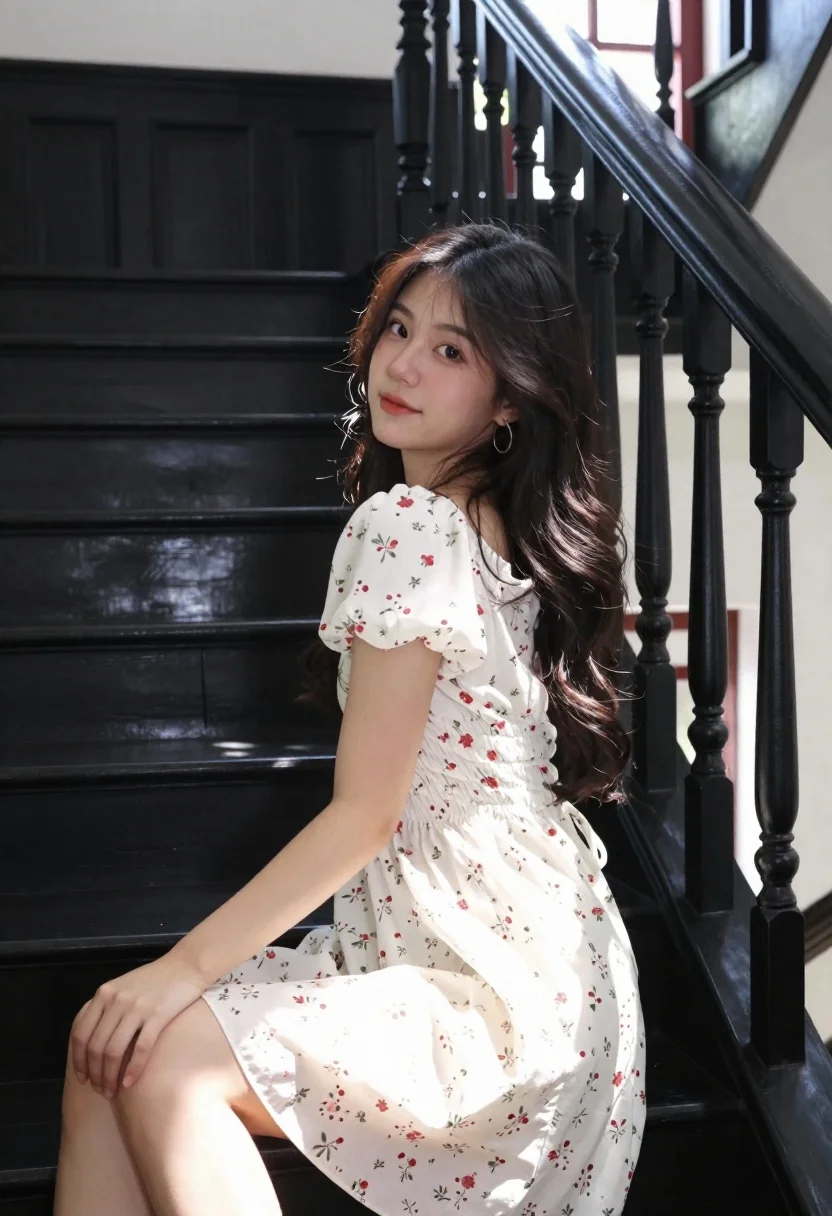 Young Woman With Long Dark Hair Sits Staircase Inside Building reference photo