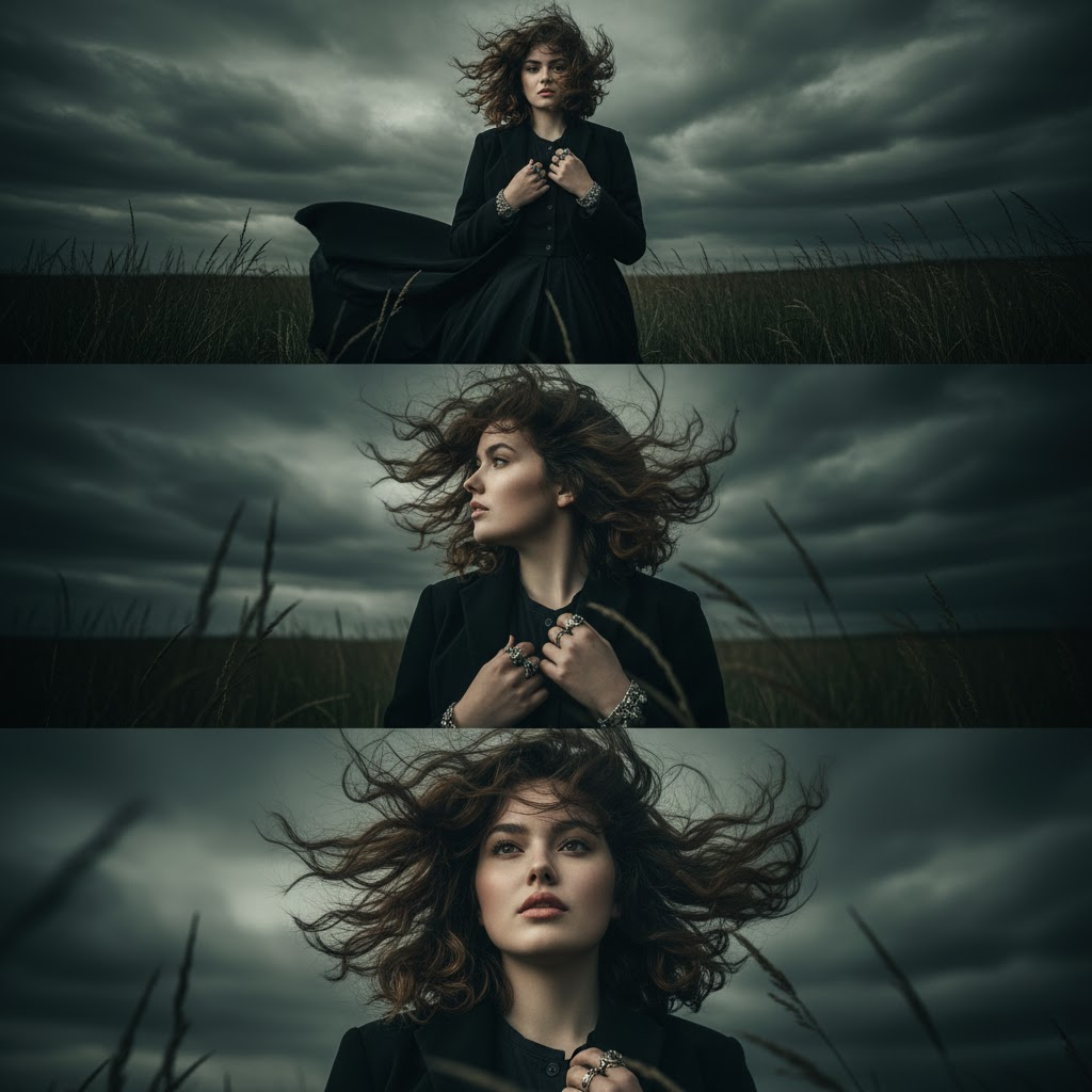 A young woman in a black gown standing in tall dark grass with windy hair.