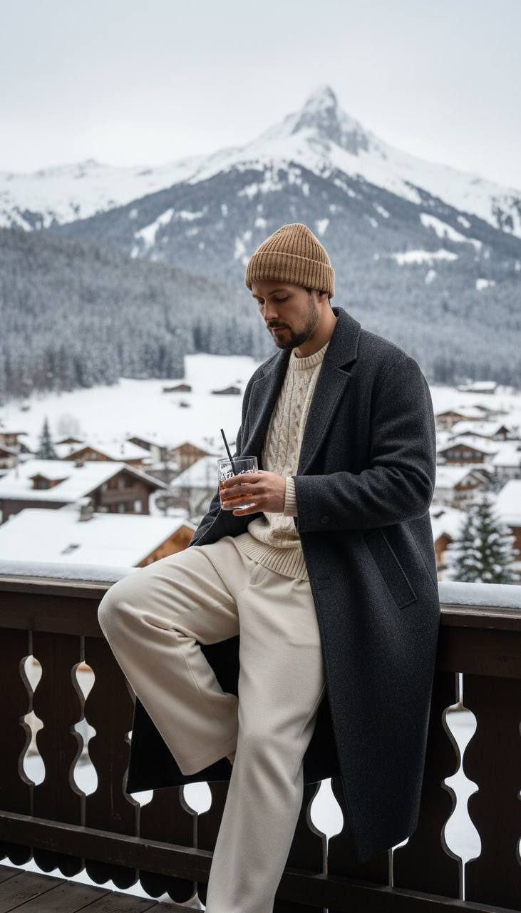 A man in a beige knitted beanie and oversized coat sits on a wooden balcony, holding a glass drink, with snowy mountains in the background.