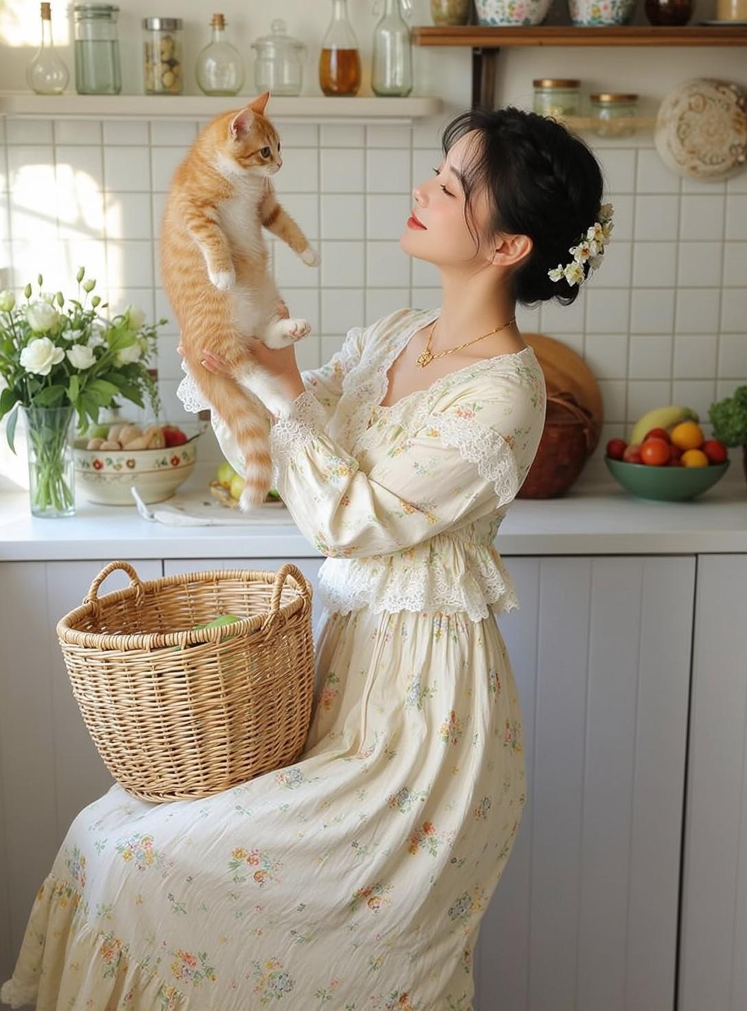 Cottagecore Holding Orange Tabby Cat Her Left