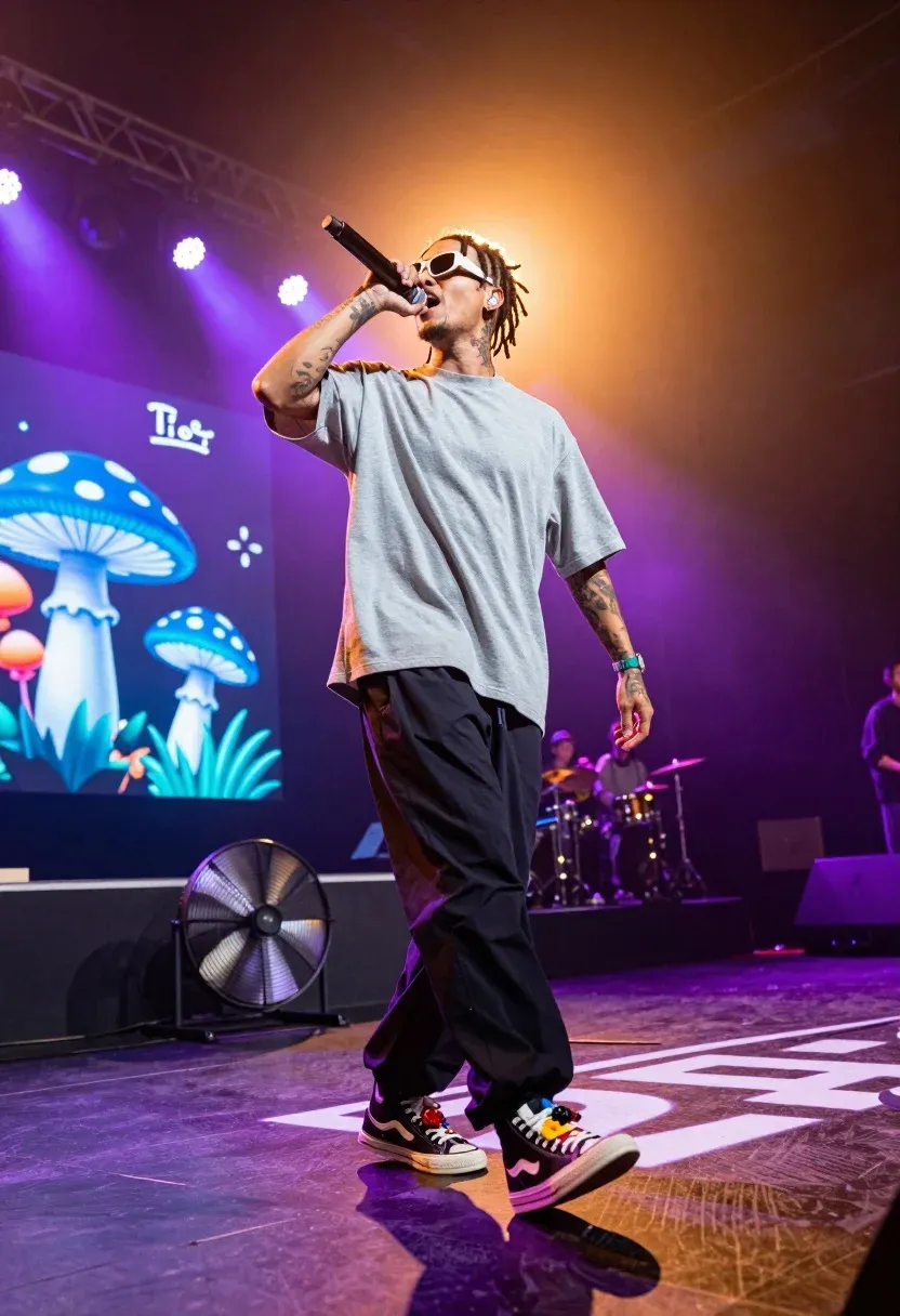 Dynamic Low-angle Shot Male Rapper Performing Energetically Stage While Holding