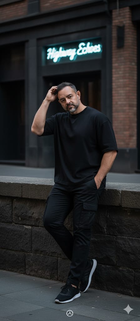 A fit man in a black shirt and cargo pants leaning against a dark stone wall, with a neon sign reading 'Highway Echoes' in the background.