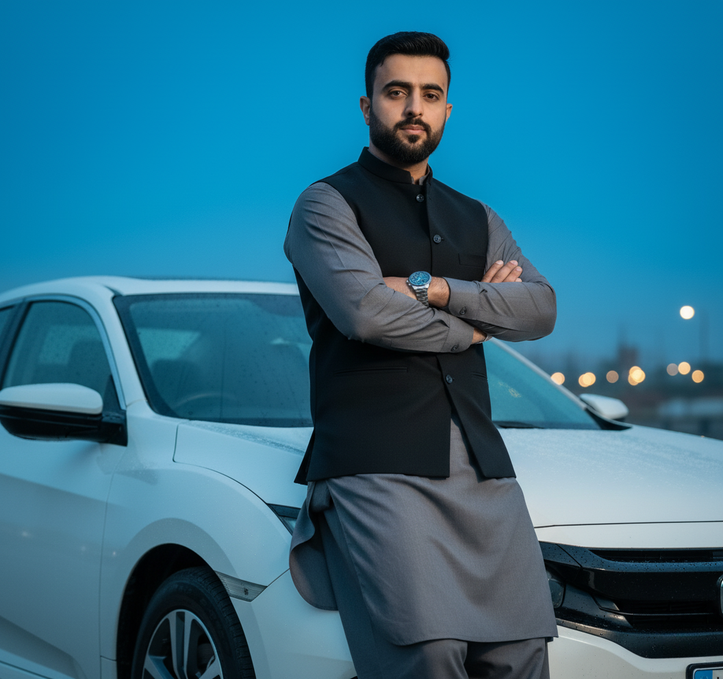 A man in a grey shilwar kameez and black waist coat standing confidently by a Honda Civic, under a blue sky with glistening raindrops.