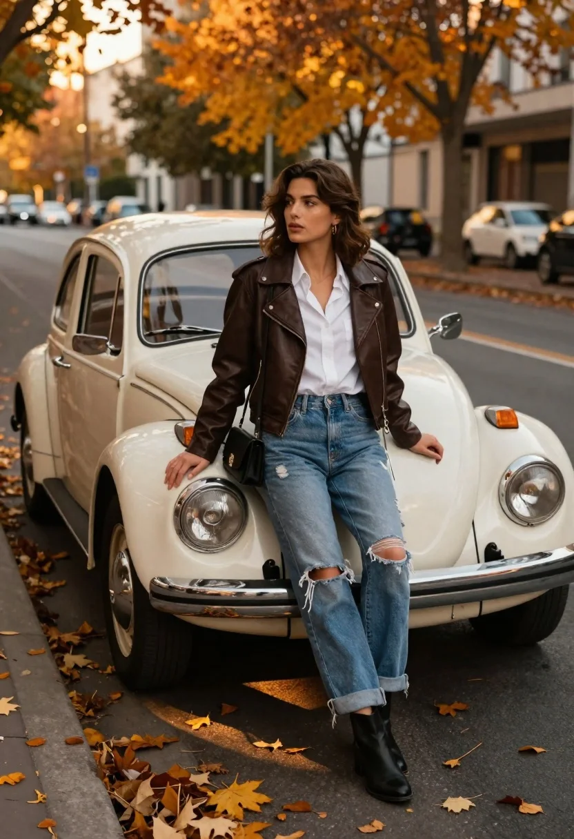 Photorealistic Street Portrait Young Woman Leaning Against Classic White Car reference photo