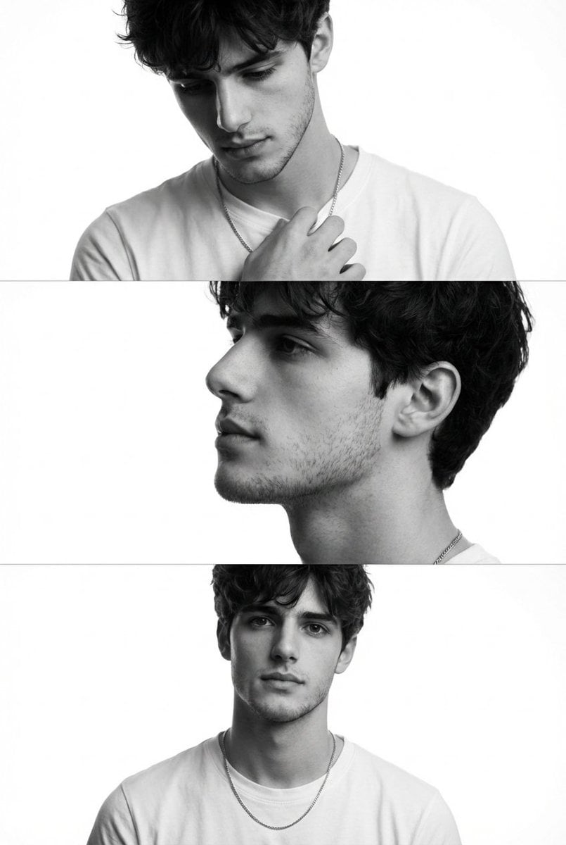 Monochrome Fashion Triptych Young Man Rembrandt Lighting