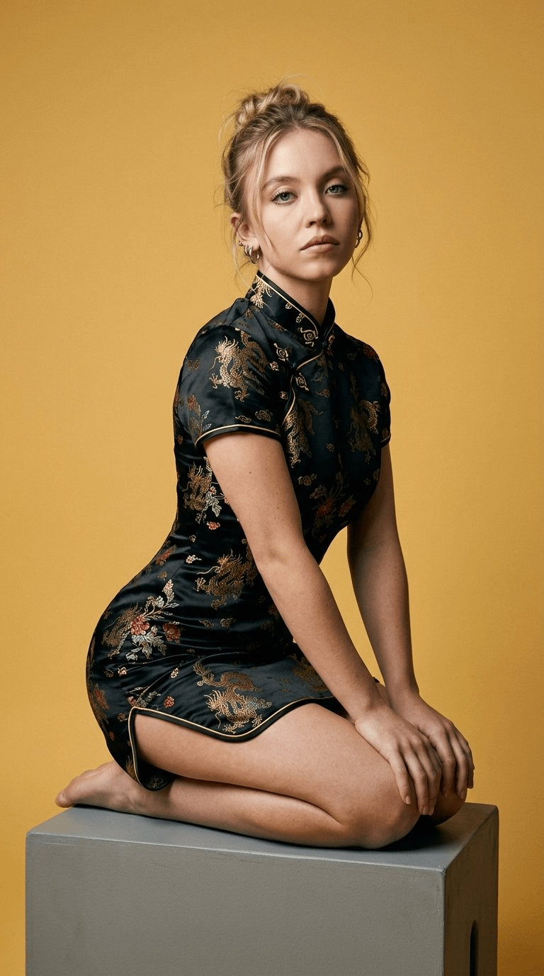 Dragon Dress Kneeling Yellow Background Medium Shot