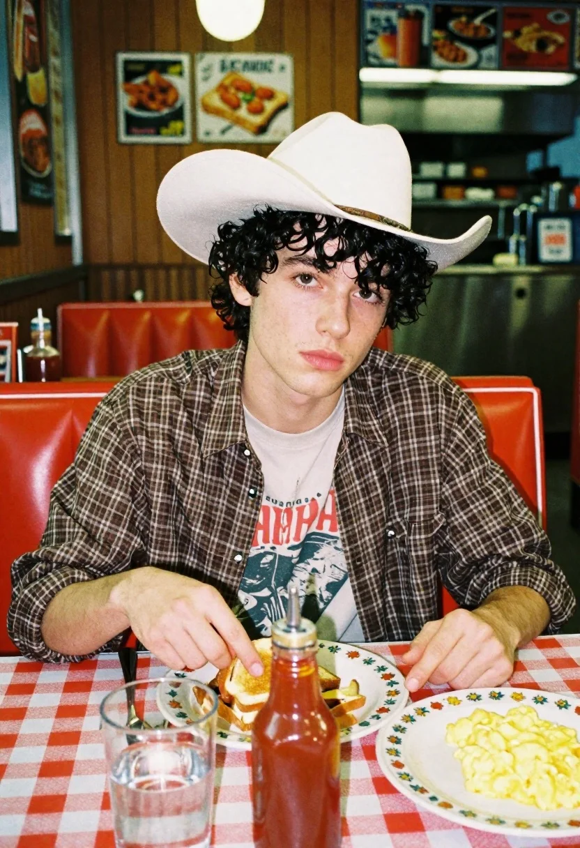 Film Photography Young Person With Curly Dark Hair Sits Retro reference photo