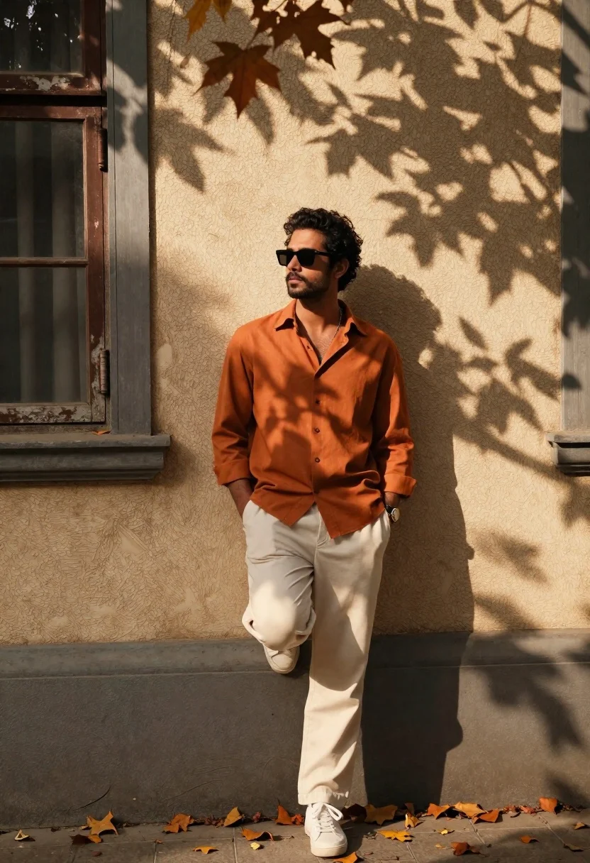 Stylish Man Leaning Casually Against Textured Beige Wall With Autumn