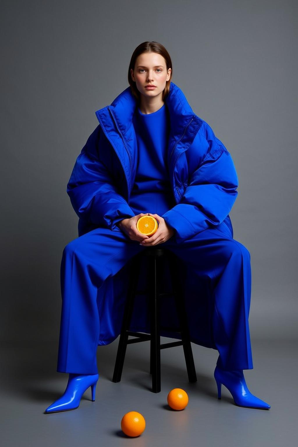 Royal Blue Puffer Jacket Woman Holding Orange