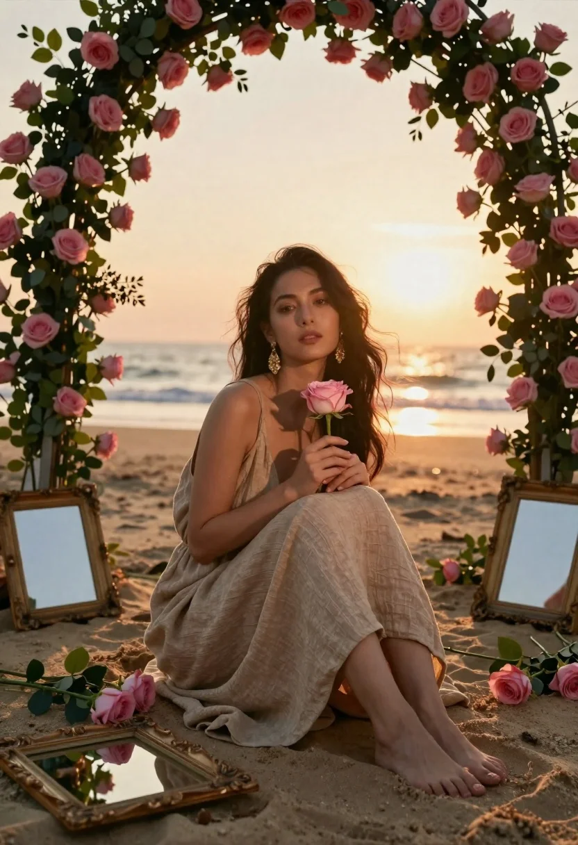 Woman Sits Barefoot Sandy Beach Under Floral Arch Pink Roses