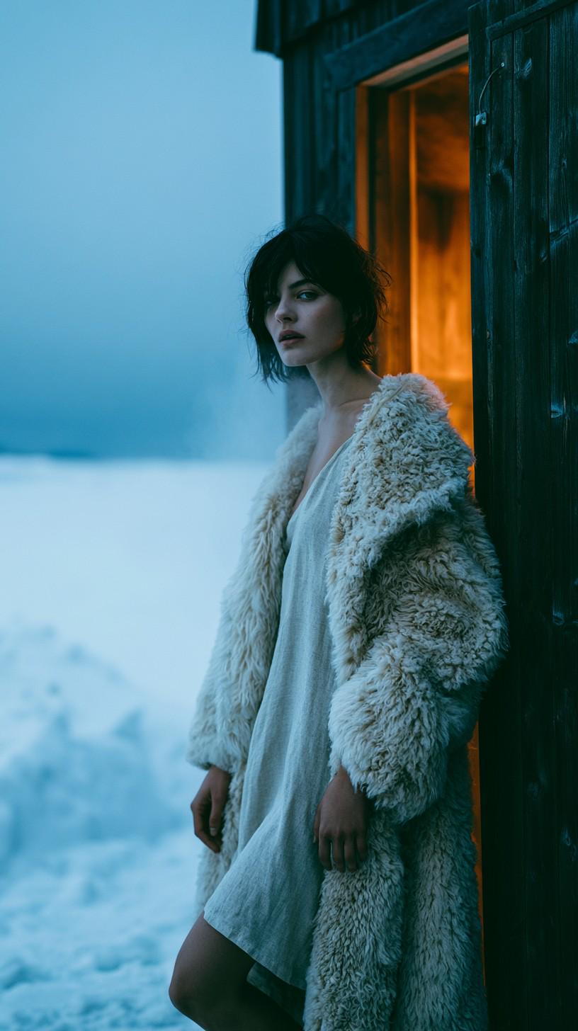 Nordic Fashion Editorial Winter Cedar Sauna Linen Dress