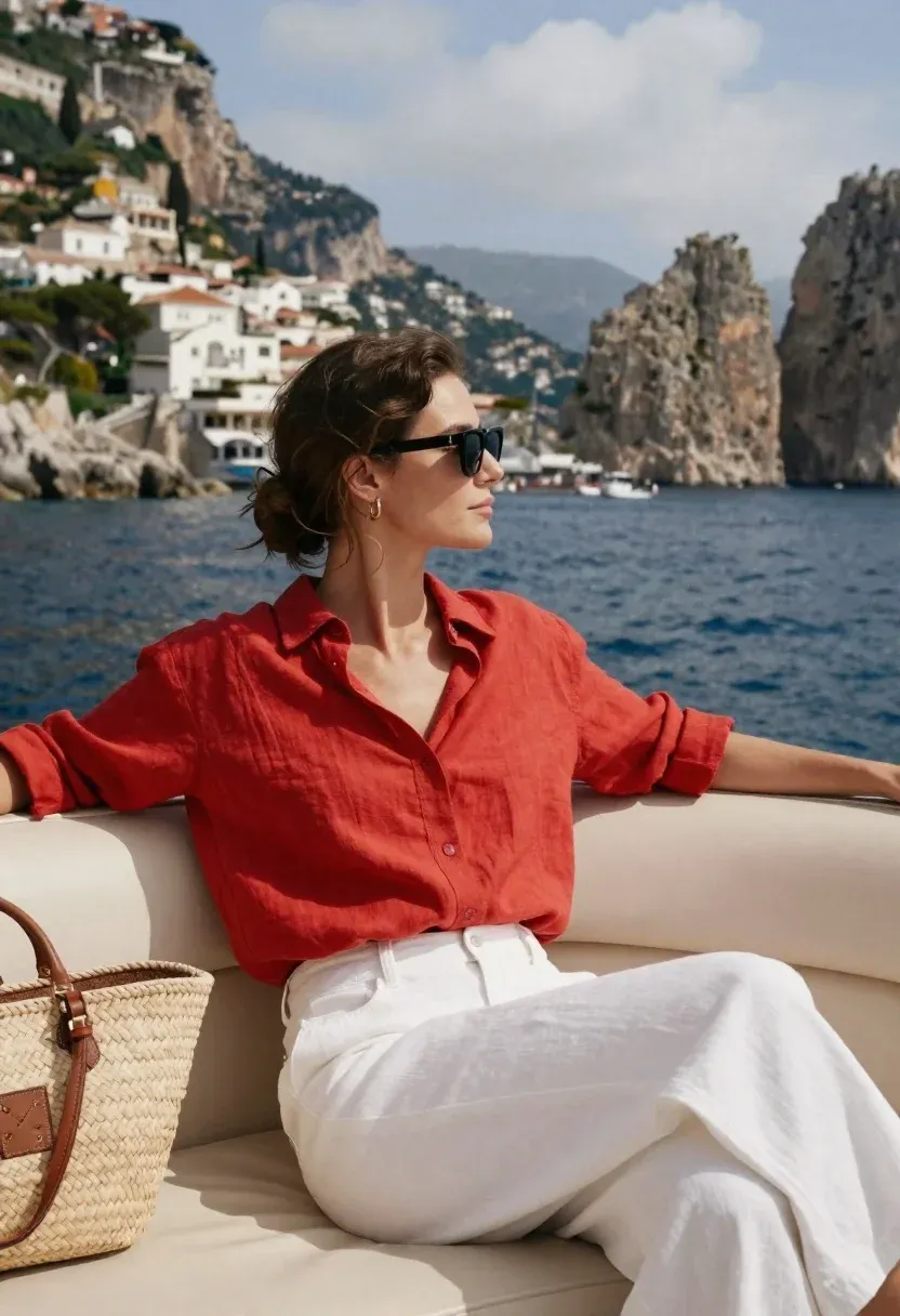 Woman Sits Relaxed The Cream-colored Seating Moving Boat With Her