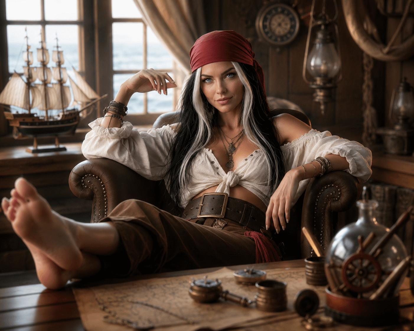 Pirate Captain In Rustic Cabin With Map