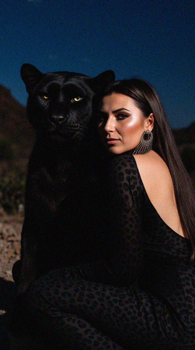 A confident woman in a black velvet dress poses with a majestic black panther against a starry night sky in the desert mountains.