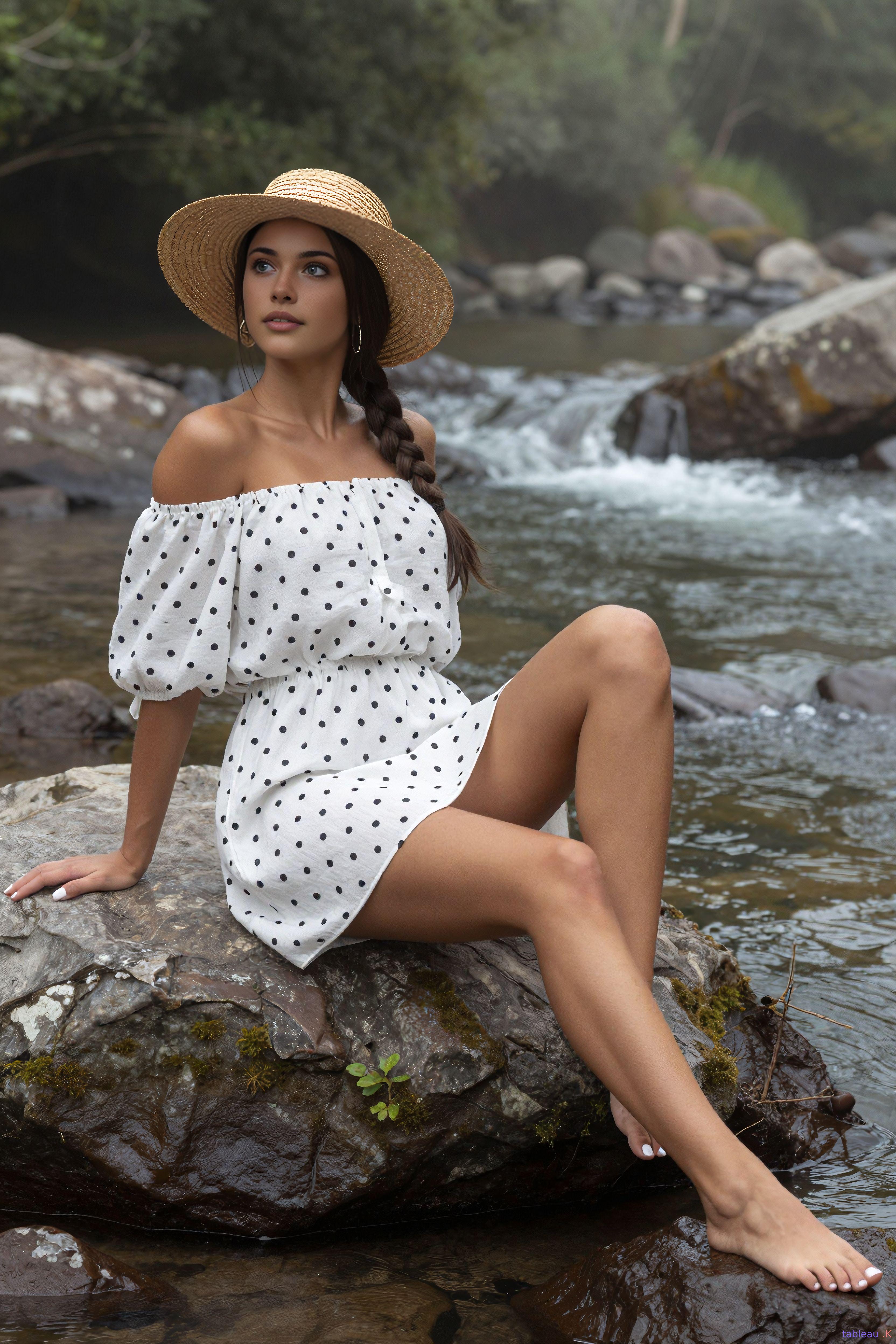 White Polka Dot Dress Straw Hat River Rocks