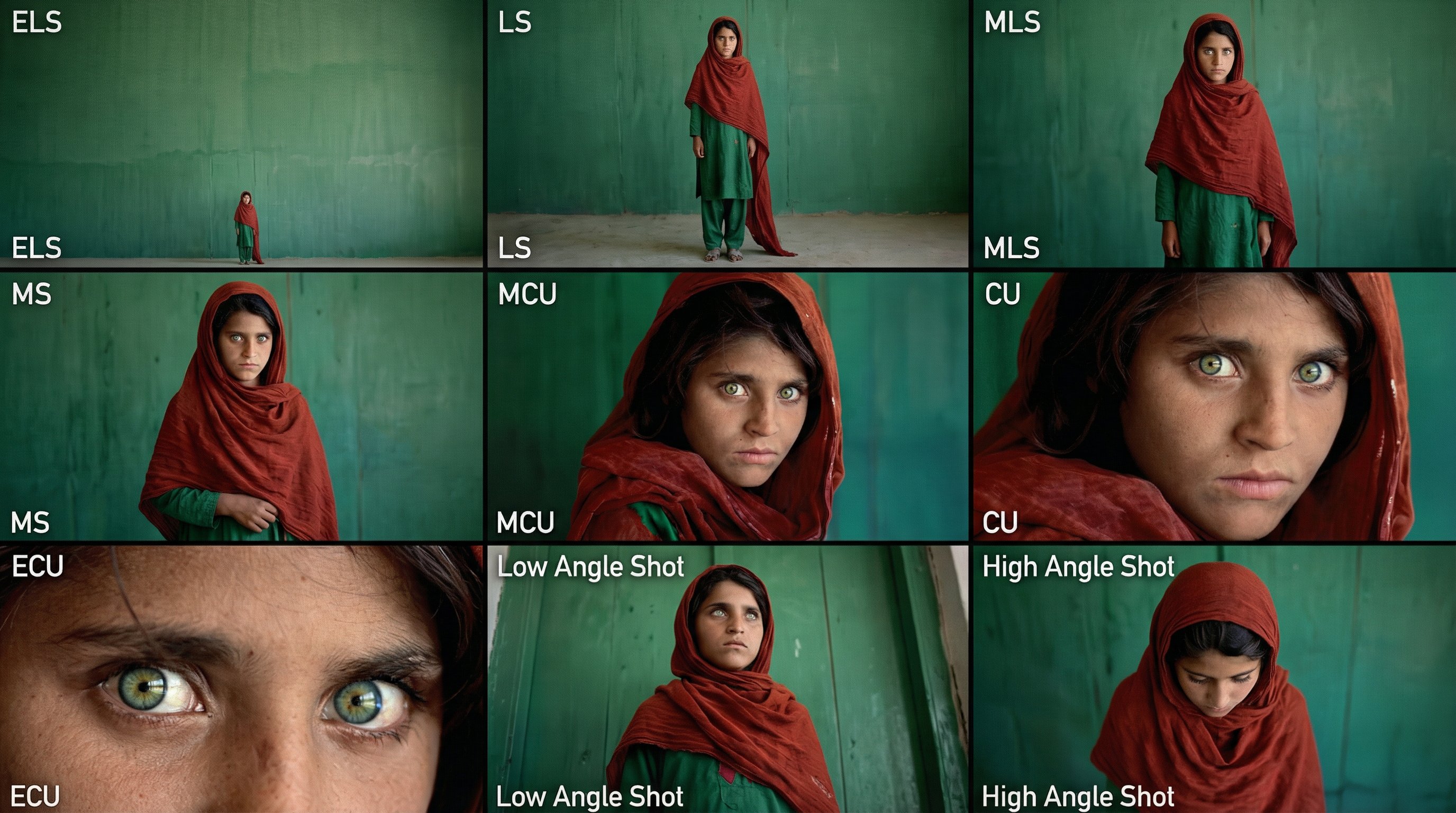 Cinematic contact sheet showcasing various angles of the main subject in a cohesive grid.