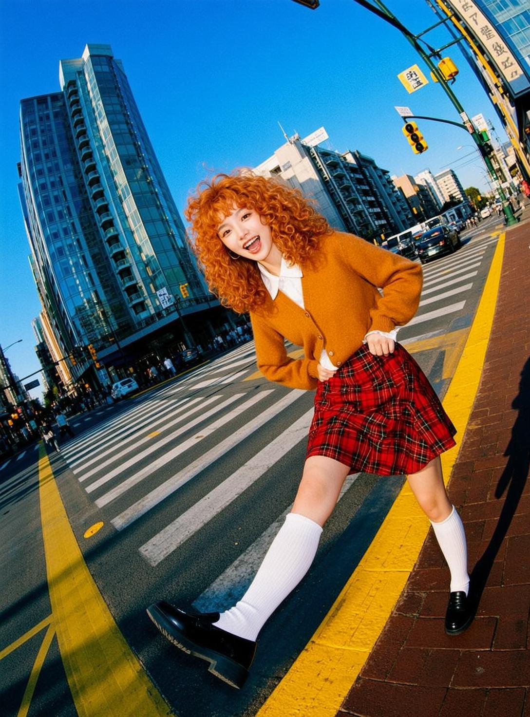Orange Curly Hair Girl Red Plaid Skirt City Street