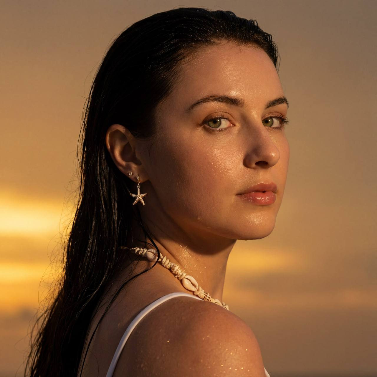 A woman in half-profile at sunset, her face highlighted by soft golden light, wearing starfish earrings and a shell necklace.