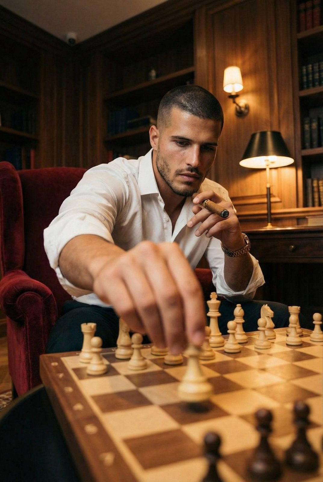 A hyper-detailed close-up of a man's hand moving a chess pawn in a dimly lit library, with warm lighting accentuating the features.
