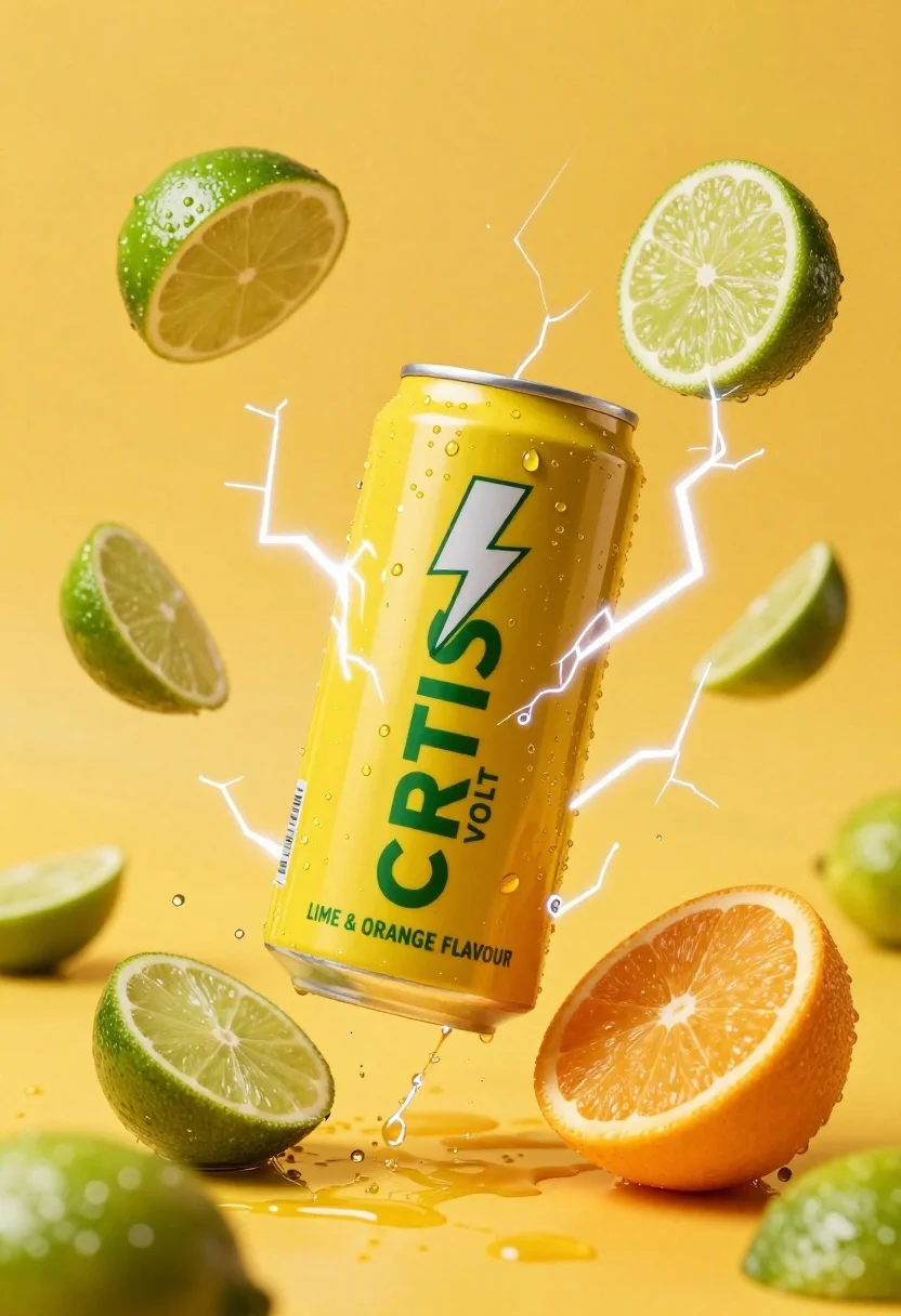 Vibrant Yellow Energy Drink Can Suspended Mid-air Surrounded Floating Lime