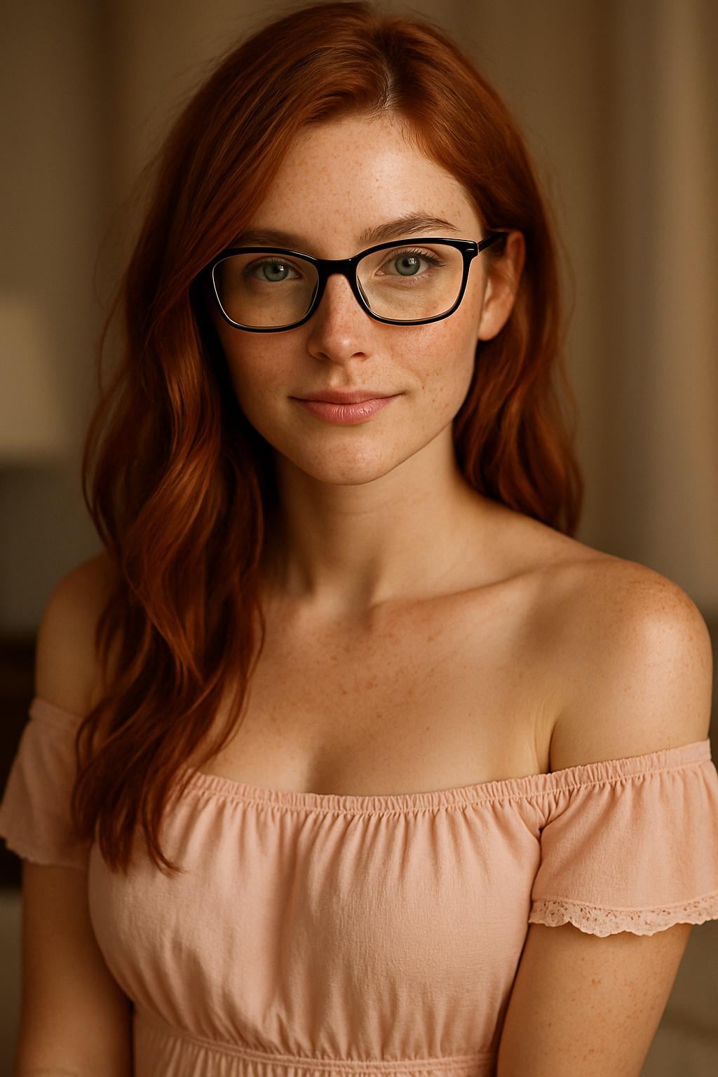 Copper Hair Glasses Peach Top Neutral Background