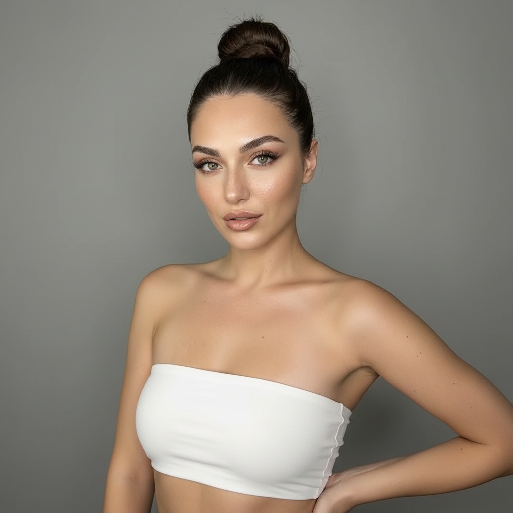 Photorealistic white bandeau studio portrait preview with the reviewed outfit, pose, setting, lighting, and camera framing.