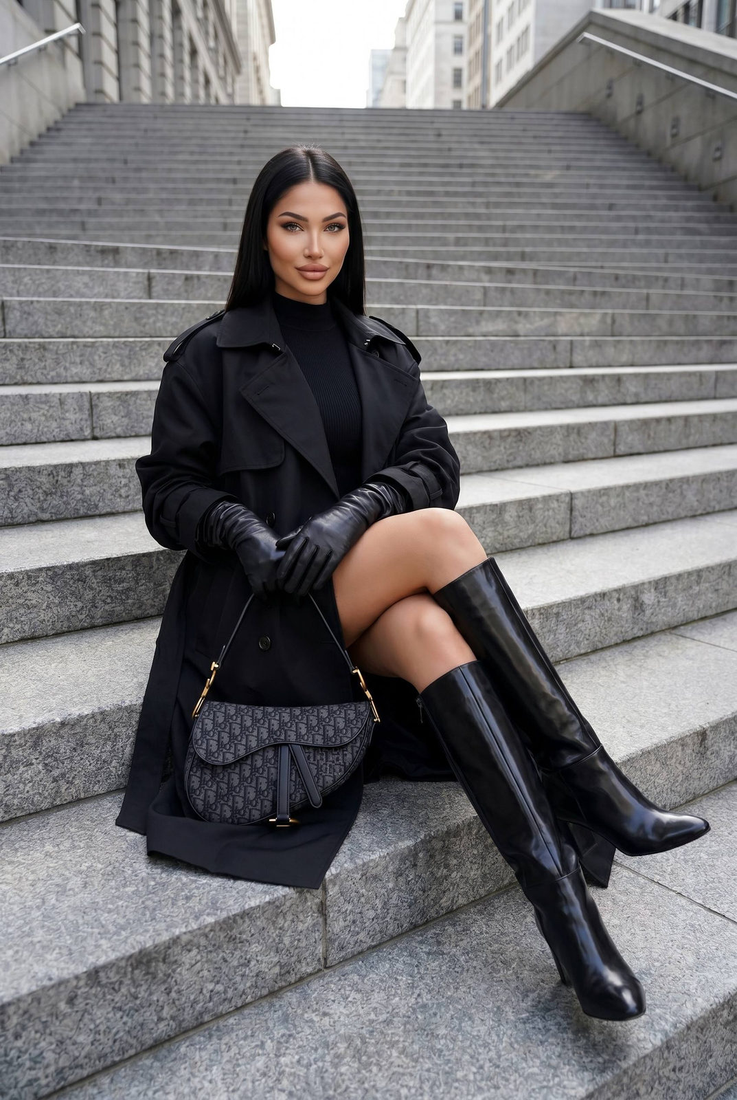 A fashionable woman in an oversized black trench coat sitting on gray city steps, holding a designer shoulder bag.