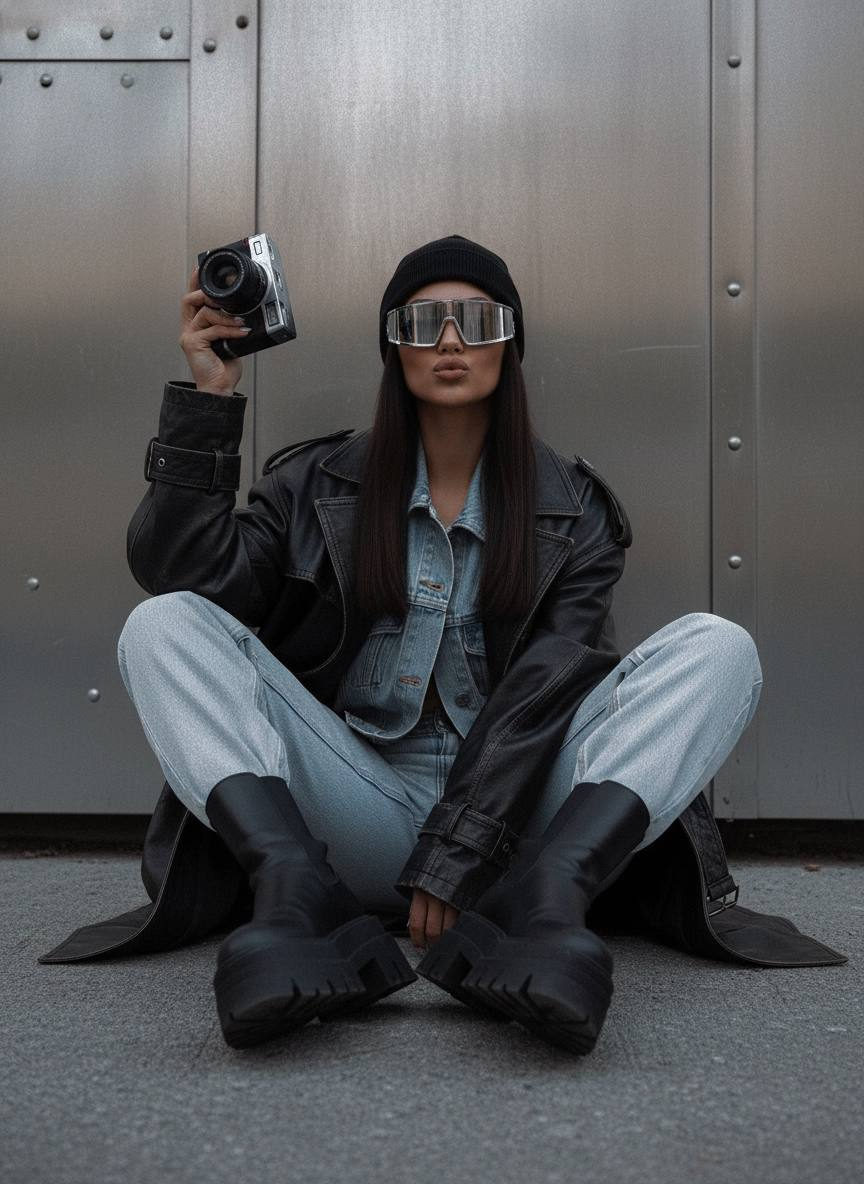 A confident woman sitting on the ground, wearing oversized leather and denim, with sunglasses, in front of metallic wall panels.