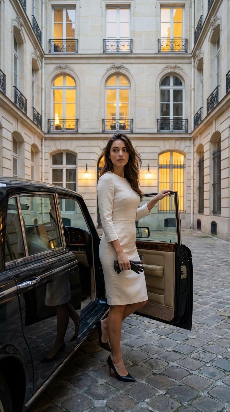 Stepping From Vintage Luxury Car Parisian Courtyard