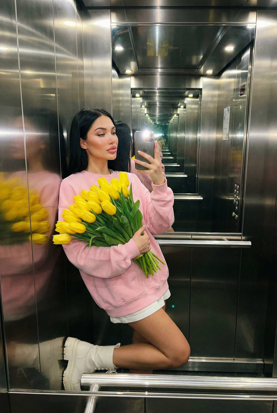 Realistic Elevator Selfie Pastel Outfit Yellow Tulips