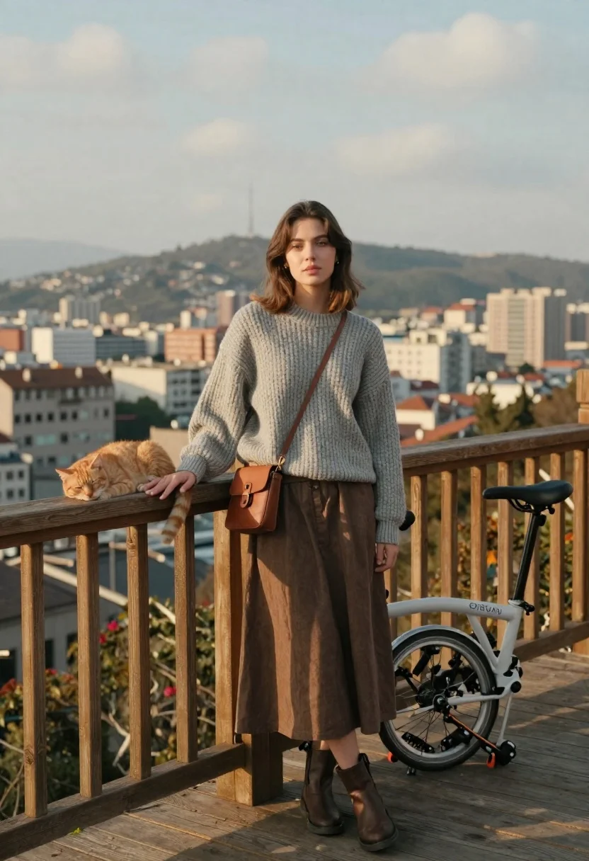 Young Woman Stands Wooden Observation Deck Overlooking Sprawling Cityscape With