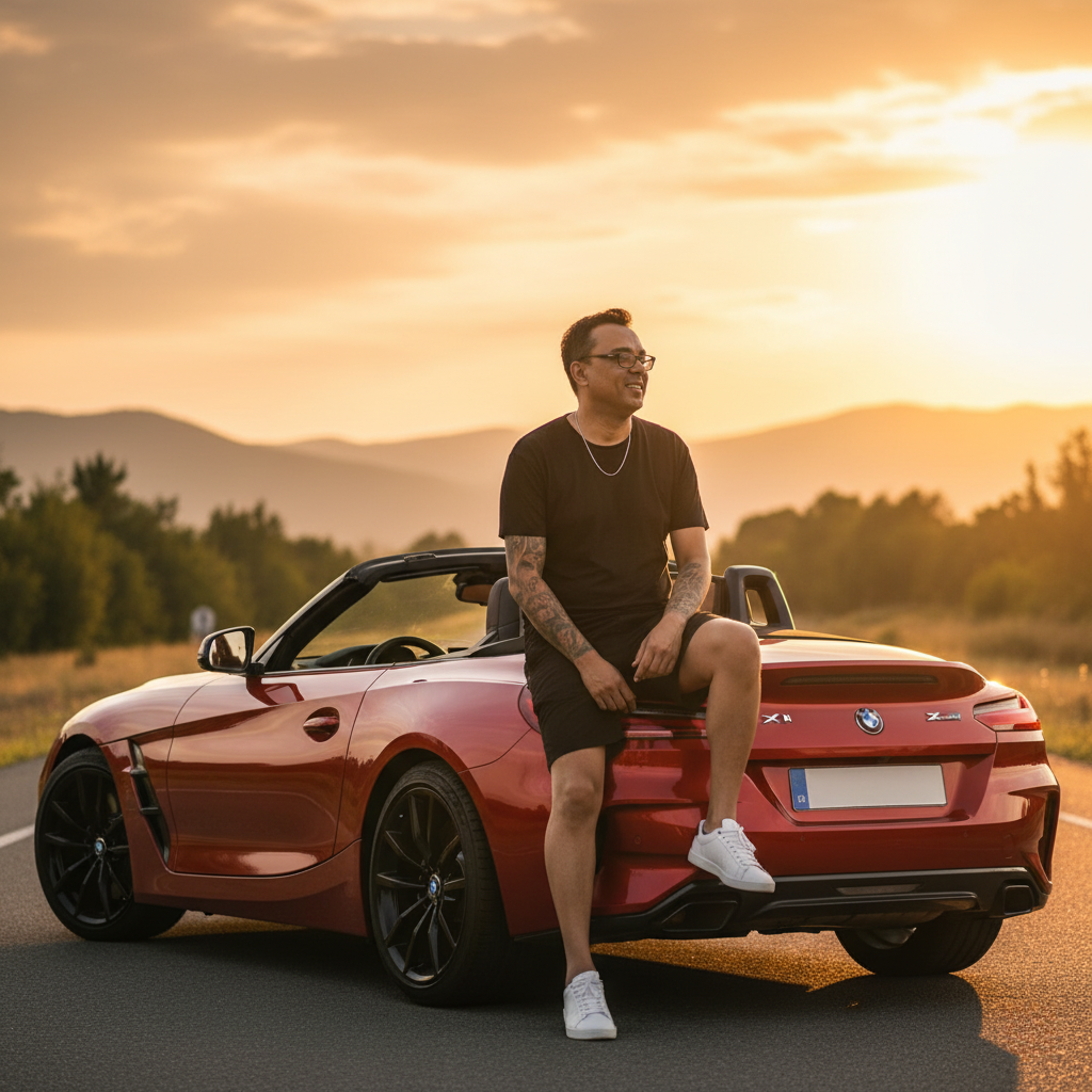 Cinematic portrait of a confident man on a red BMW Z4 at sunset, showcasing luxury and style.