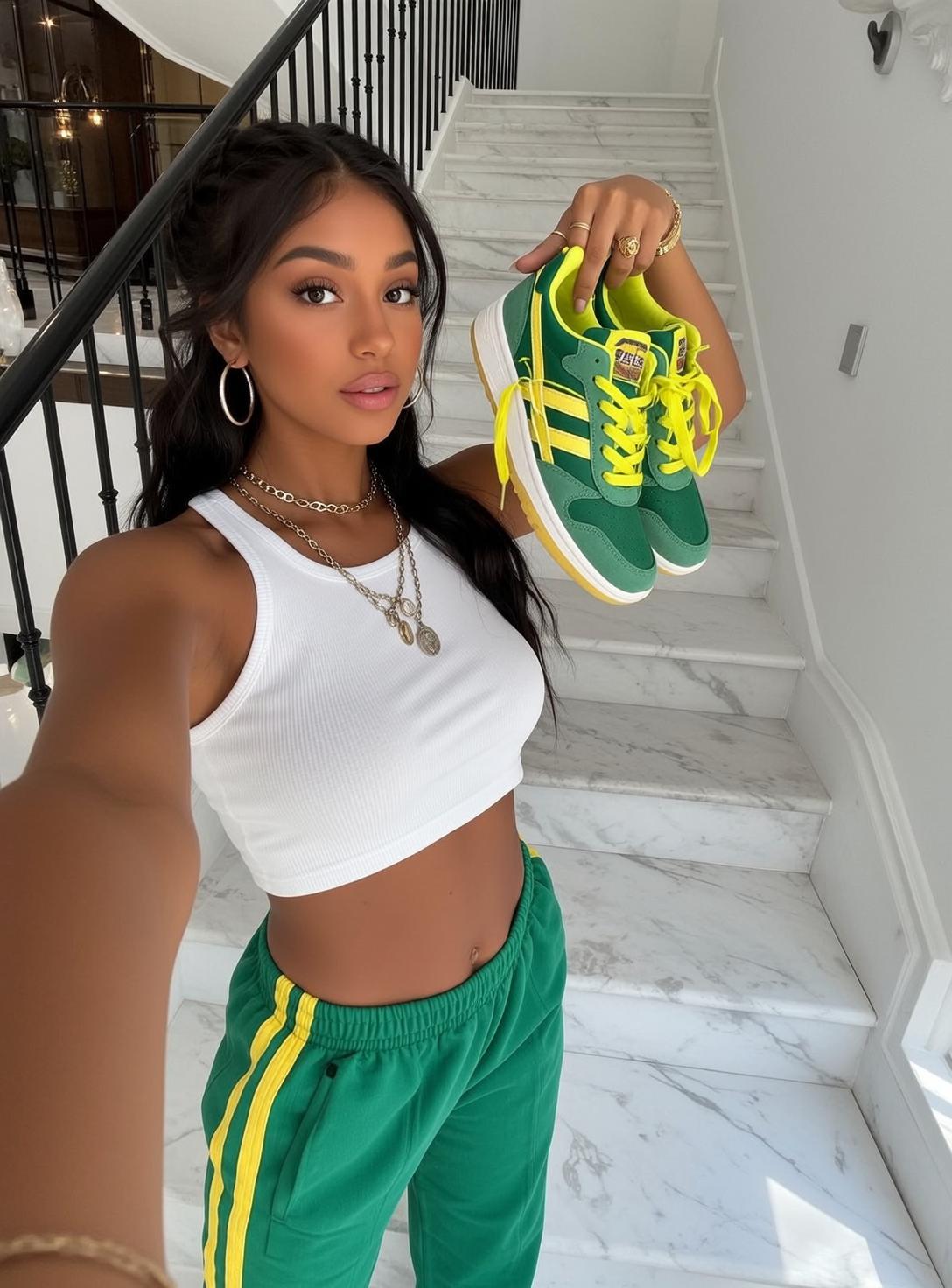Woman Marble Stairs Green Yellow Sneakers
