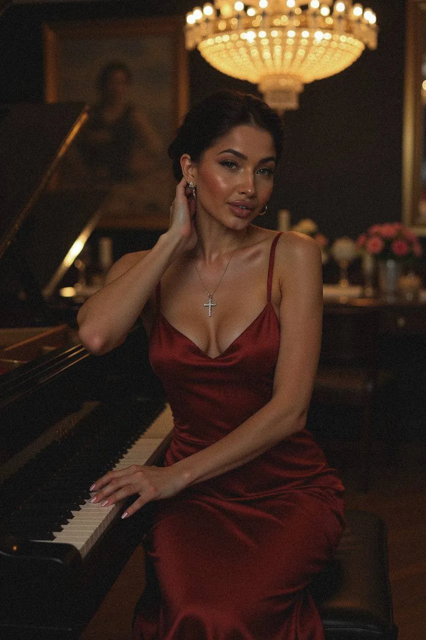 Crimson Satin Piano Elegance