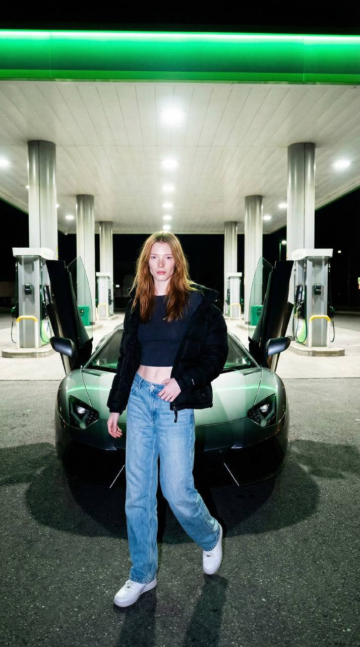 A young woman in modern streetwear poses casually in front of a low-slung sports car at a neon-lit gas station.