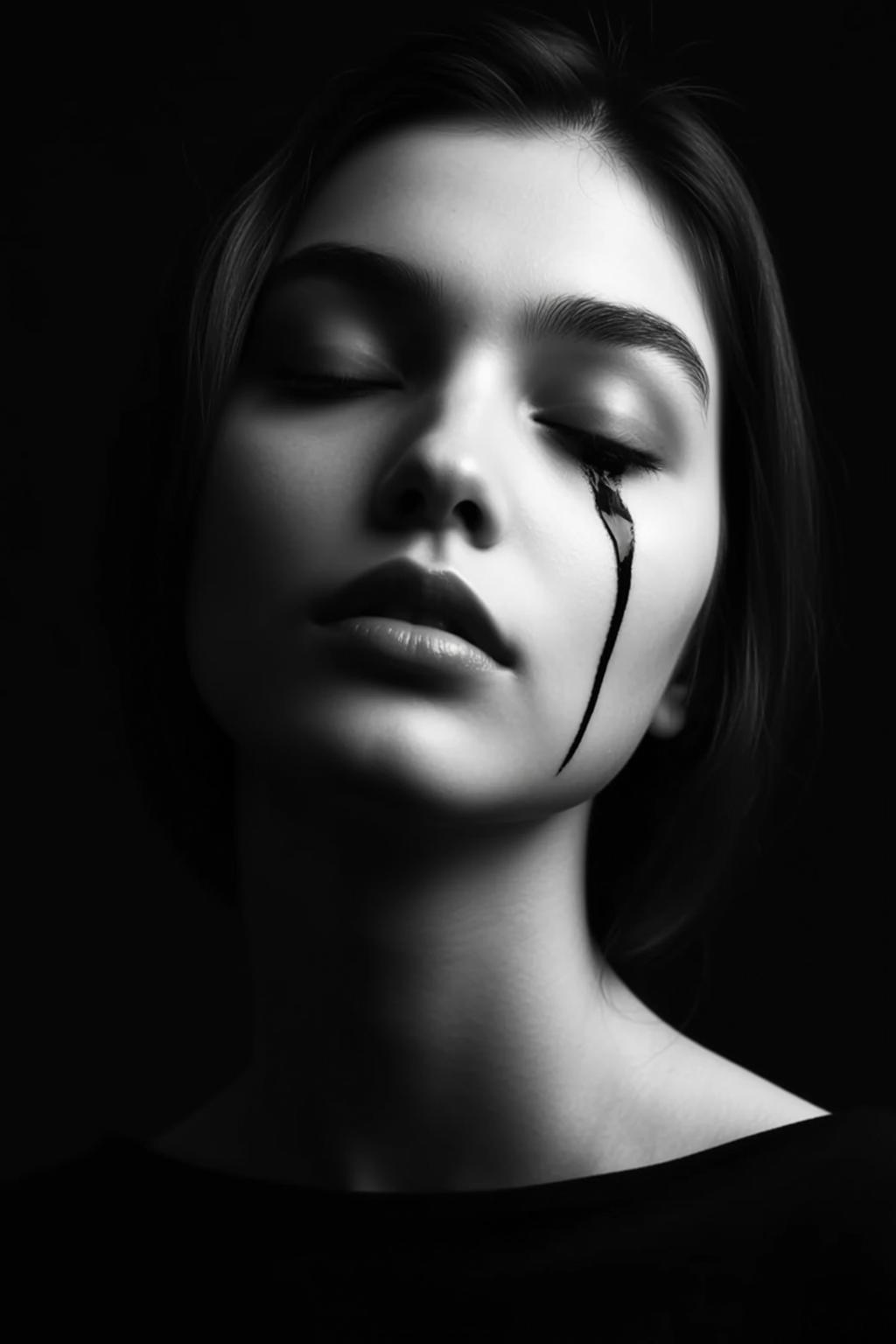 Photorealistic High-contrast Black And White Portrait Young Woman With Her