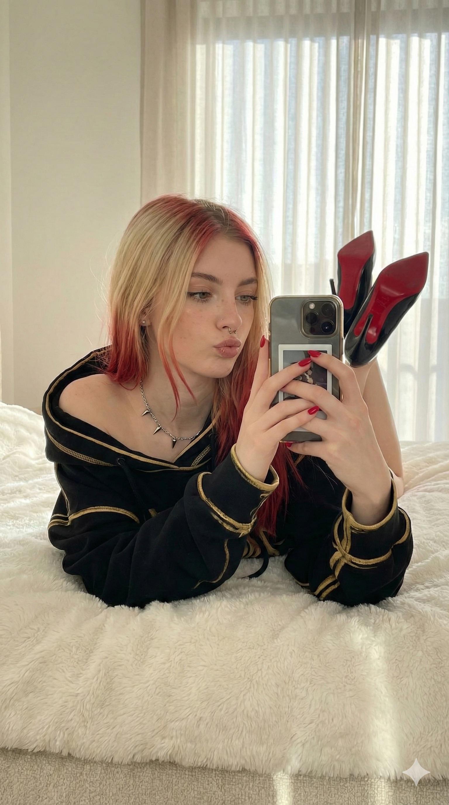 Petite Woman Red Hair Minimalist Bedroom Selfie reference photo