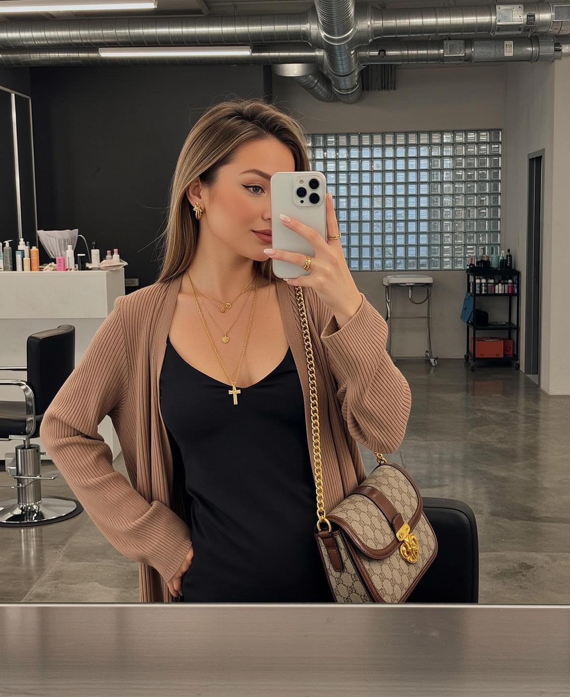 Mirror Selfie Black Dress Pink Nails