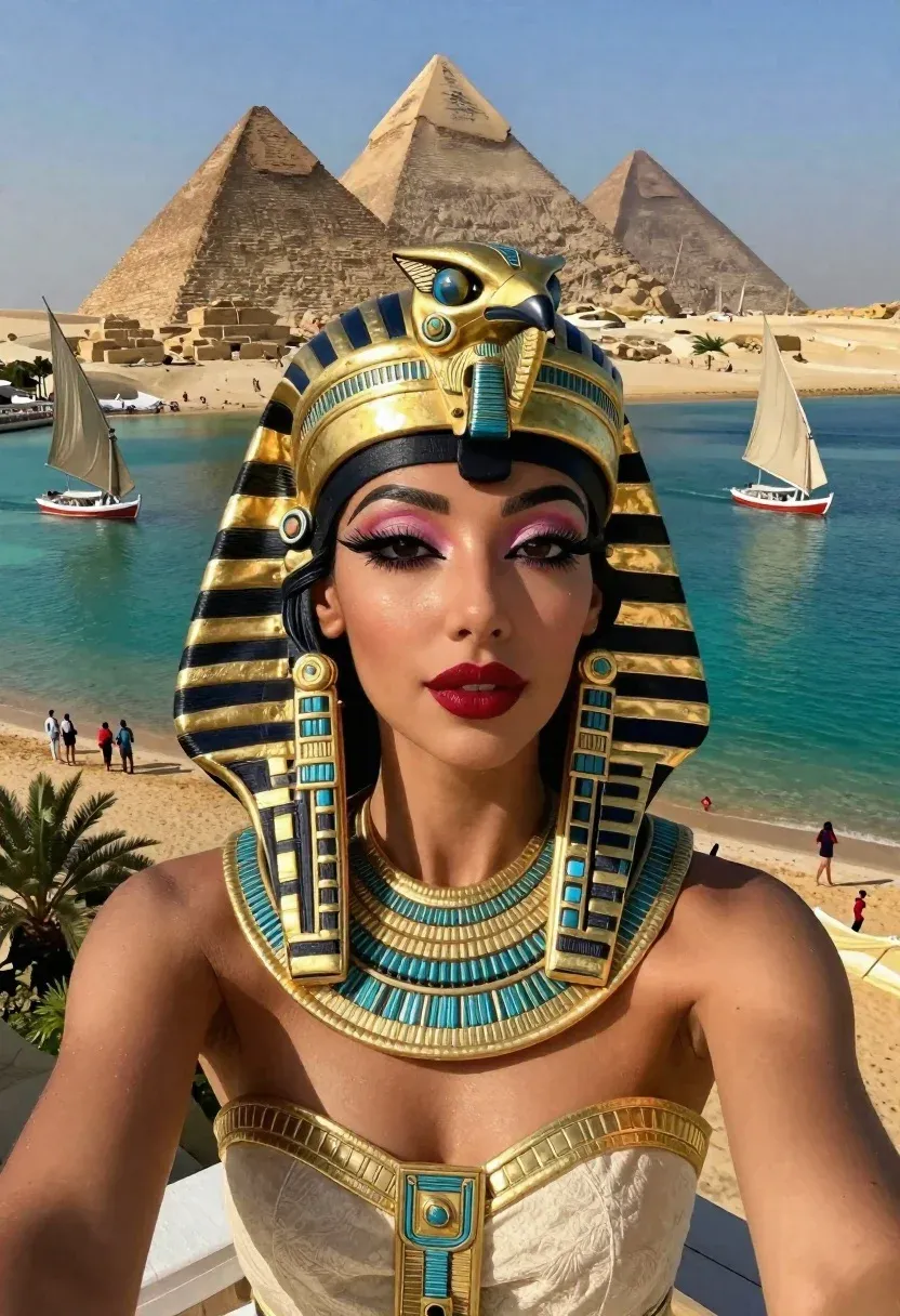 High-angle Selfie Shot Woman Dressed Elaborate Ancient Egyptian Pharaoh Attire