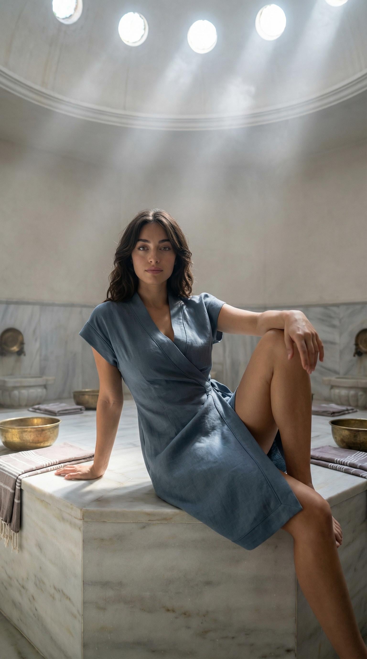 Turkish Hammam White Marble Platform Linen Wrap Dress