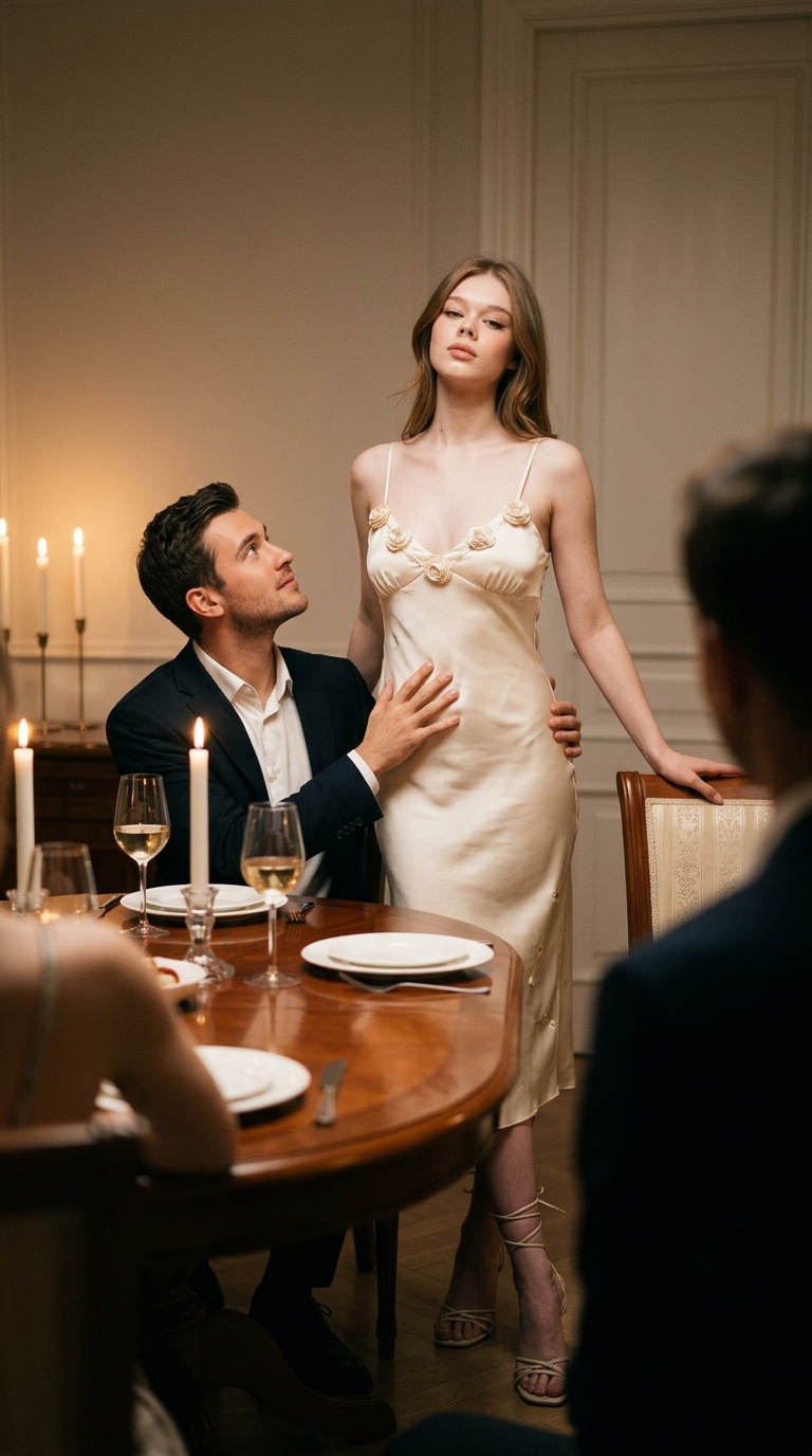 An elegant woman in a cream satin slip dress stands beside a man at a candlelit dinner table, conveying a warm, intimate atmosphere.